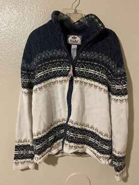 Vintage Tiara International Sweater Womens Medium Navy Fair Isle Zip Cardigan